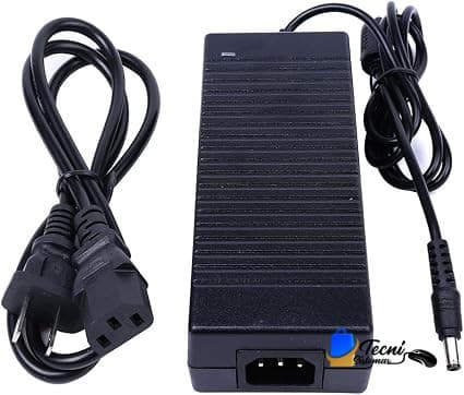 Black rectangular power adapter with detachable AC power cord and a DC output plug for powering devices in-line with an external cable.